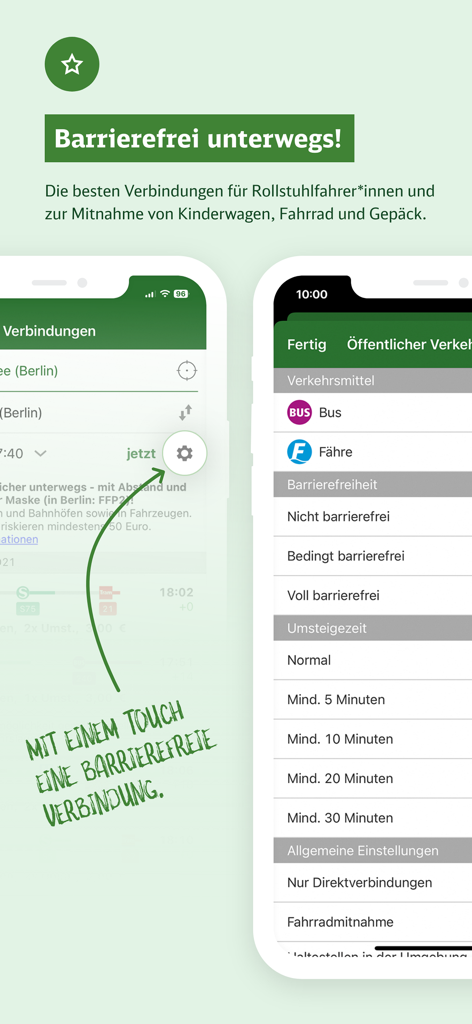 S-Bahn Berlin app interface showing accessibility options for wheelchair users and strollers with transfer time settings.