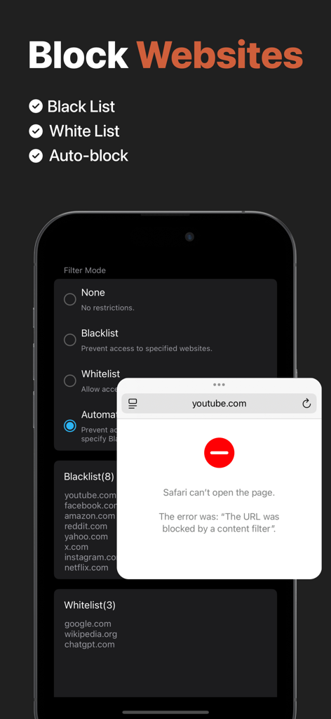 iSetting-Lock App & Hide App - Interface showing website blocking settings and a notification of a blocked URL in Safari.