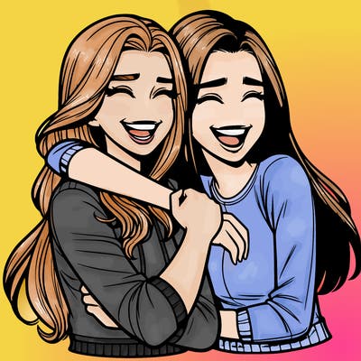 two realistic teenage girls side hugging and laughing