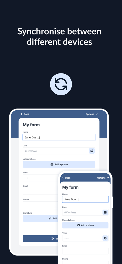 MoreApp Forms app showing data synchronization between a smartphone and a tablet