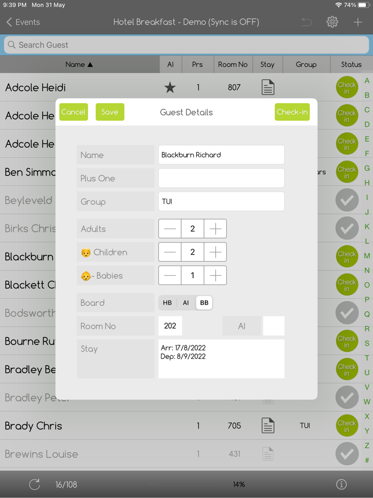 iPad screenshot of the e-GuestList app showing a guest details popup with fields for name, group, and number of guests for check-in