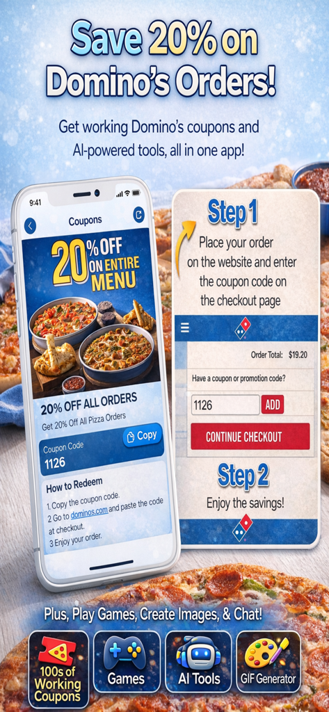 Mobile App-Oberfläche für Dominos Pizza Gutscheine mit einem 20-Prozent-Rabattcode und zusätzlichen Funktionen wie Spielen und KI-Tools.