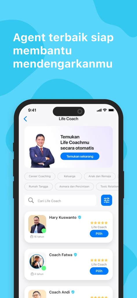 Mobile app interface of Teman Curhat showing a directory of professional life coaches with their ratings and experience.