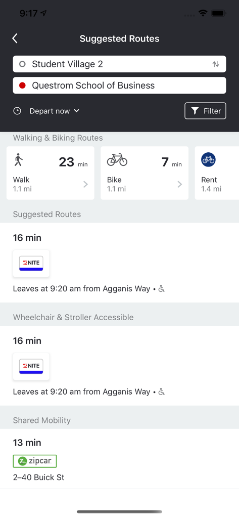 Terrier Transit app showing suggested routes and travel times for various transportation modes