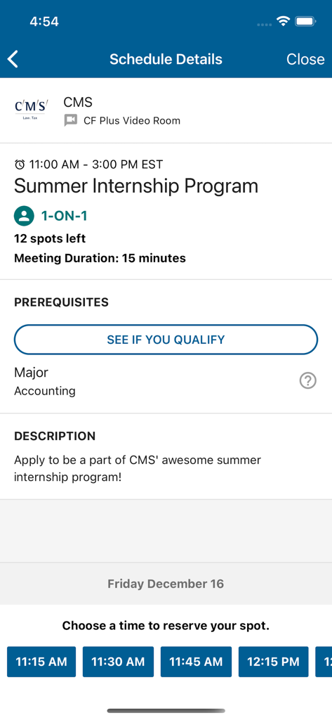 Career Fair Plus - App screen showing schedule details for a summer internship program with available 1-on-1 meeting slots for reservation