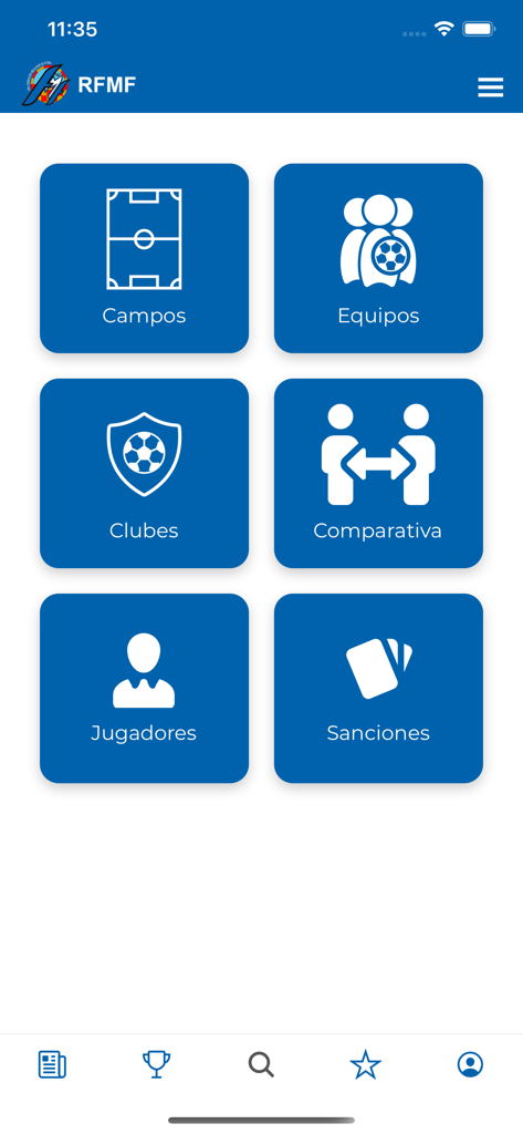 Menú principal de la aplicación RFMF que muestra iconos de navegación para equipos y jugadores de fútbol