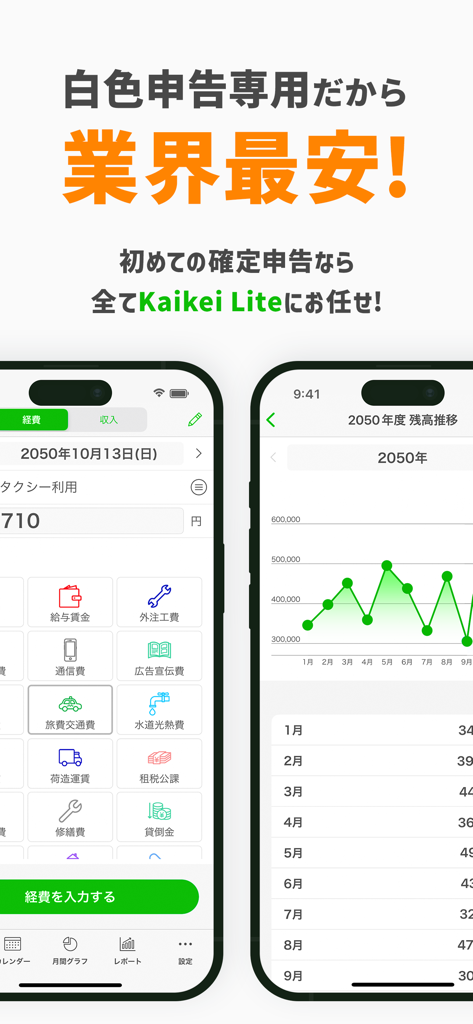 白色申告の確定申告・会計アプリ Kaikei Lite - Interface do aplicativo móvel Kaikei Lite exibindo categorias de entrada de despesas e um gráfico de tendência de saldo mensal