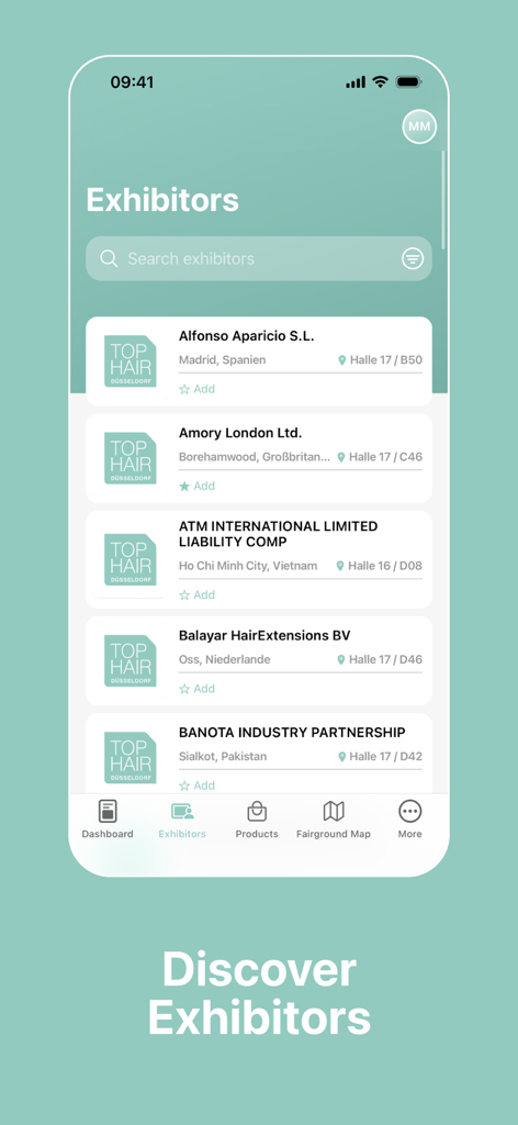 국제 뷰티 기업과 부스 위치를 나열하는 TOP HAIR Fair 앱의 참가업체 디렉토리 화면