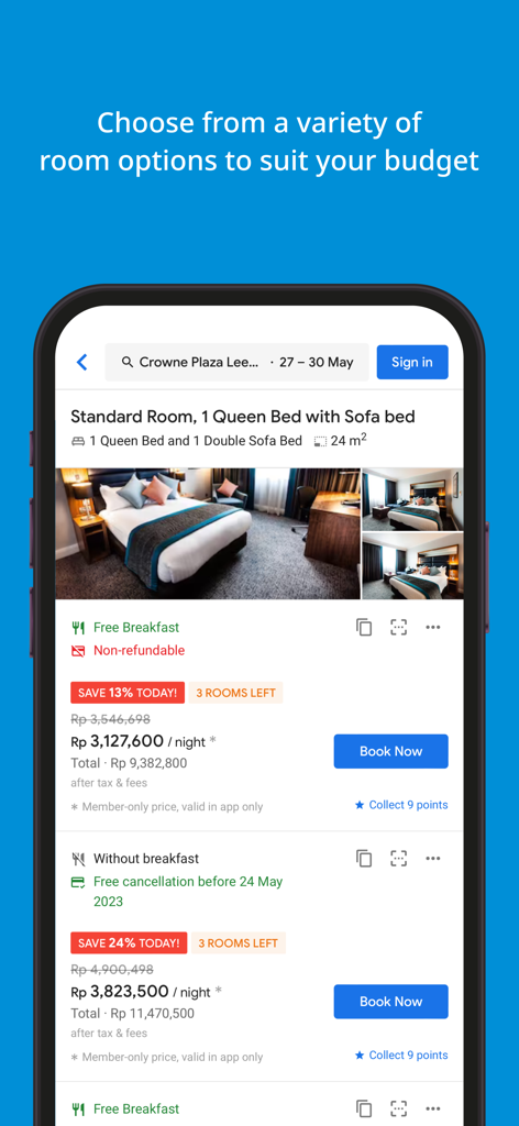 Wisata App - Interfaz de Wisata App que muestra tipos de habitaciones de hotel y precios con etiquetas de descuento