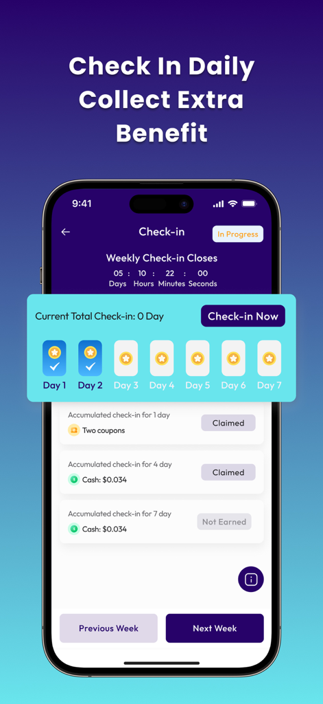 GiftCard8:Redeem Gift Cards - GiftCard8 app screen showing the daily check-in feature where users can collect extra benefits and rewards.