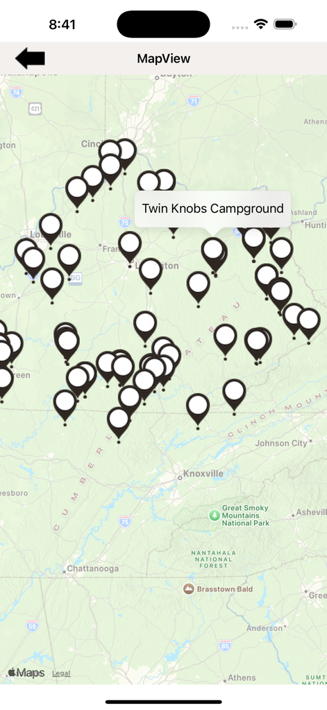 Parks & Trails - Kentucky - An interactive map of Kentucky featuring various park and trail locations with a selected pin for Twin Knobs Campground