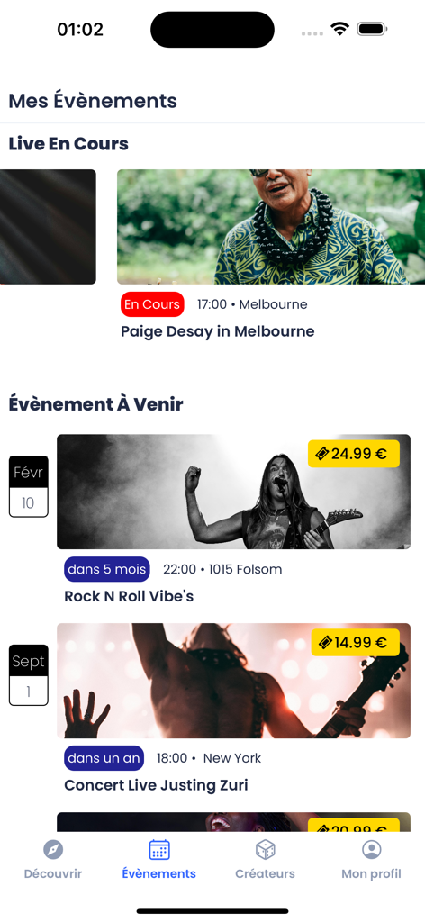 Vivastream - Vivastream mobile app screen showing live and upcoming music and entertainment events