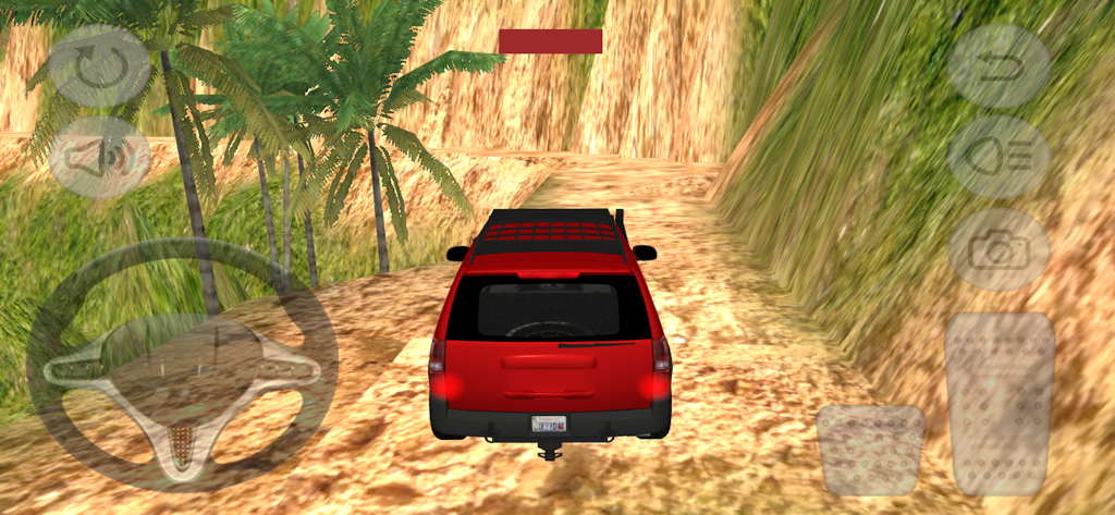 Red SUV driving on a narrow dirt path in a car simulator game