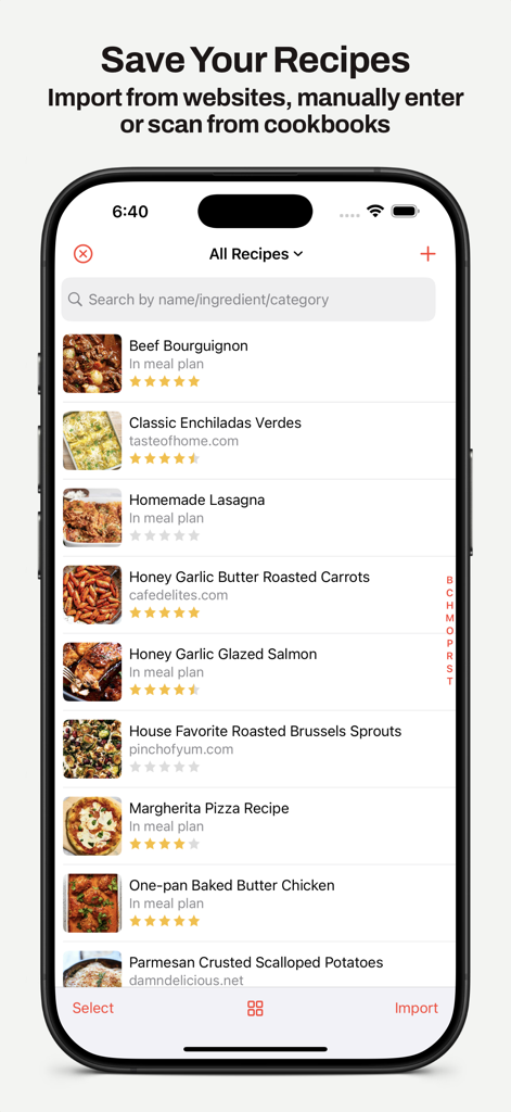 MealBoard - Meal Planner - MealBoard app screen displaying a list of saved recipes with photos, ratings, and website sources