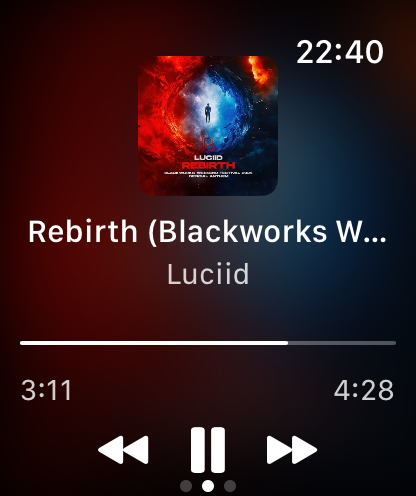 Music playback interface on Apple Watch showing song title artist and playback controls