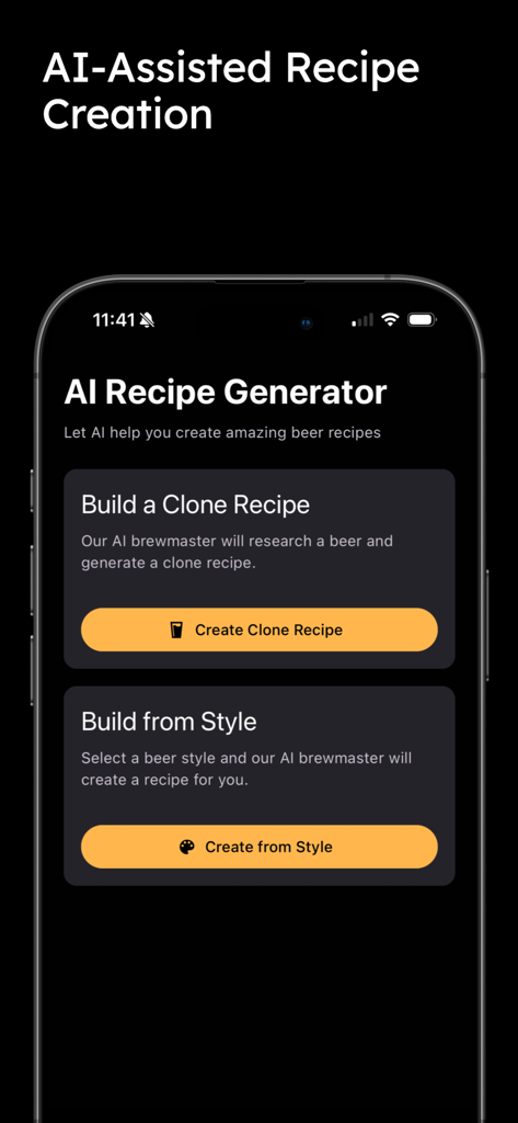 Build a Beer - Screenshot of the Build a Beer app AI Recipe Generator screen with options to create clone recipes or build by style