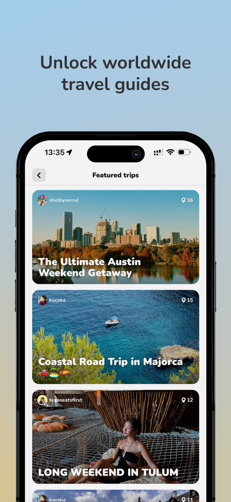 Steller app interface showing featured travel guides for Austin Majorca and Tulum