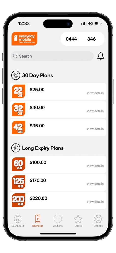 Aufladebildschirm der Everyday Mobile App mit 30-Tage- und Langzeittarifen inklusive Preisen.