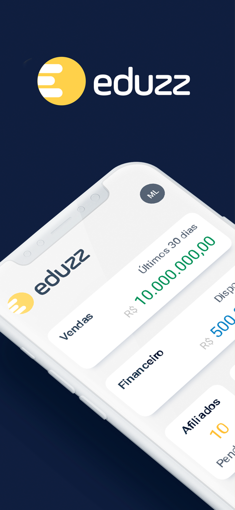 Eduzz - Negócios Digitais - Panel de control de la aplicación Eduzz que muestra ingresos por ventas e informes comerciales