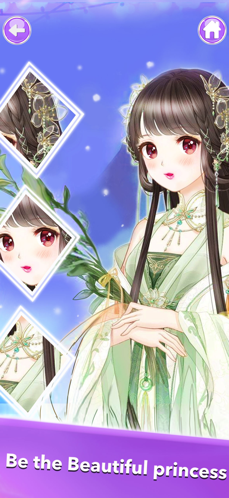 Anime Dress up Games Fashion - Chica anime con un vestido verde y accesorios de mariposa con un fondo brillante