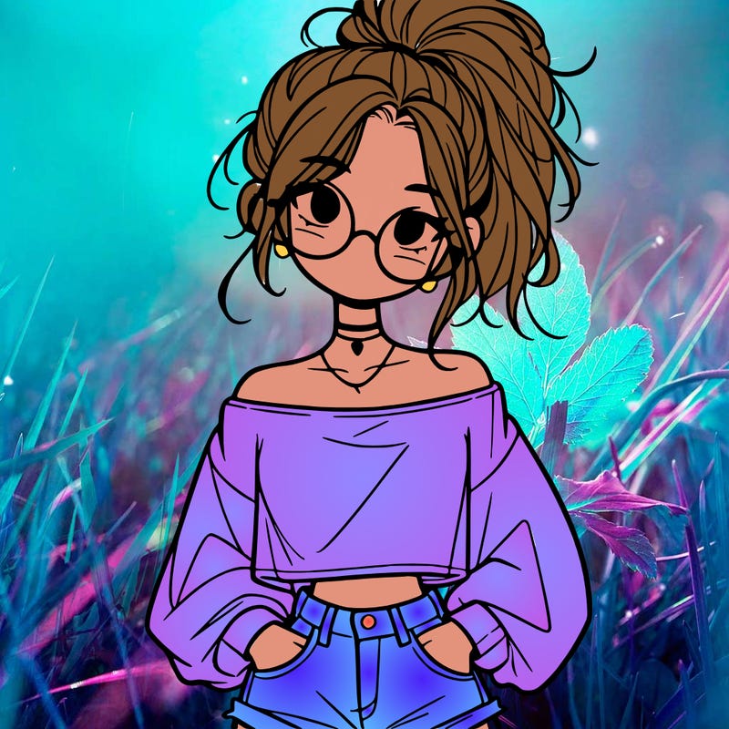 girl with a messy ponytail glasses a baggy crop top and jean shorts