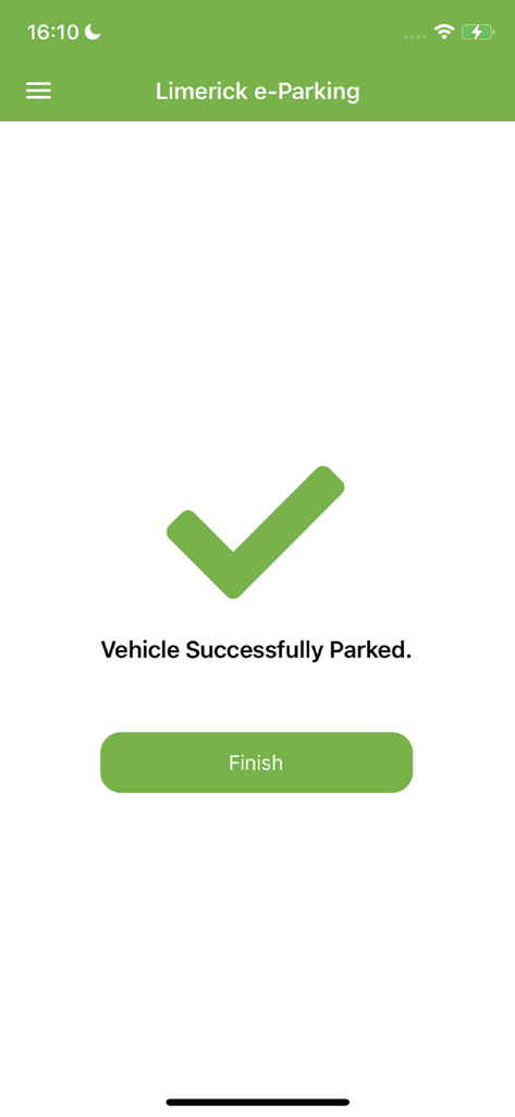 Limerick e-Parking - Limerick e-Parking app confirmation screen showing a green checkmark and the message Vehicle Successfully Parked