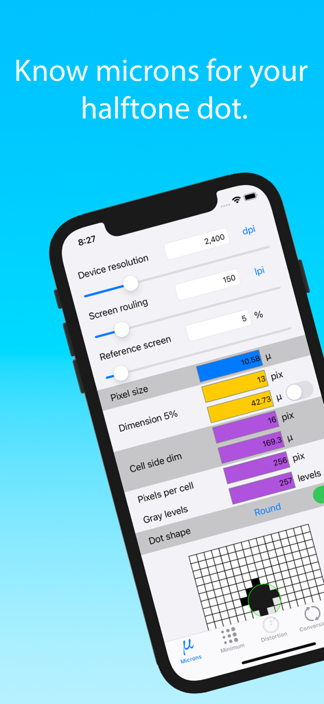 FlexoCalculator app interface showing halftone dot micron calculations for flexographic prepress