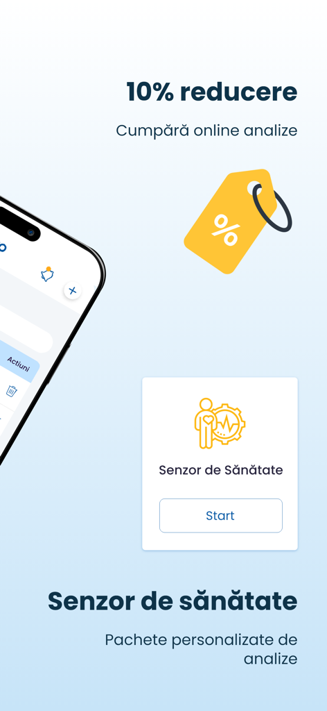 MySynevo - MySynevo app interface showcasing a 10 percent discount on online medical tests and a health sensor feature.
