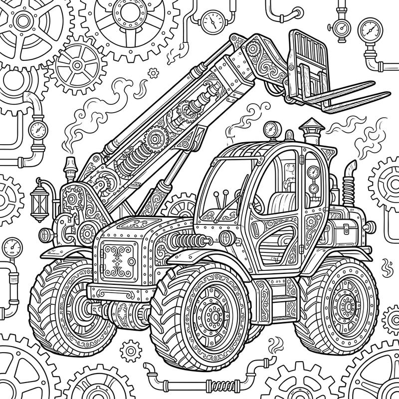 Embark on an epic coloring journey with this unique Steampunk Telehandler. This intricate design merges heavy machinery with Victorian fantasy, packed with gears and steam for an engaging artistic challenge.
