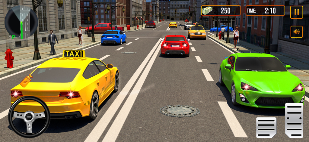 Extreme Taxi Car Driving game - Gameplay screenshot of Extreme Taxi Car Driving game showing a yellow taxi navigating a busy city street with other traffic and game UI.