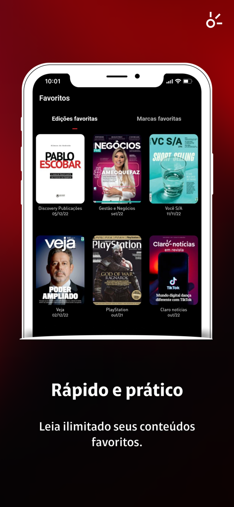 Smartphone exibindo a tela de favoritos do aplicativo Claro banca com capas de várias revistas brasileiras