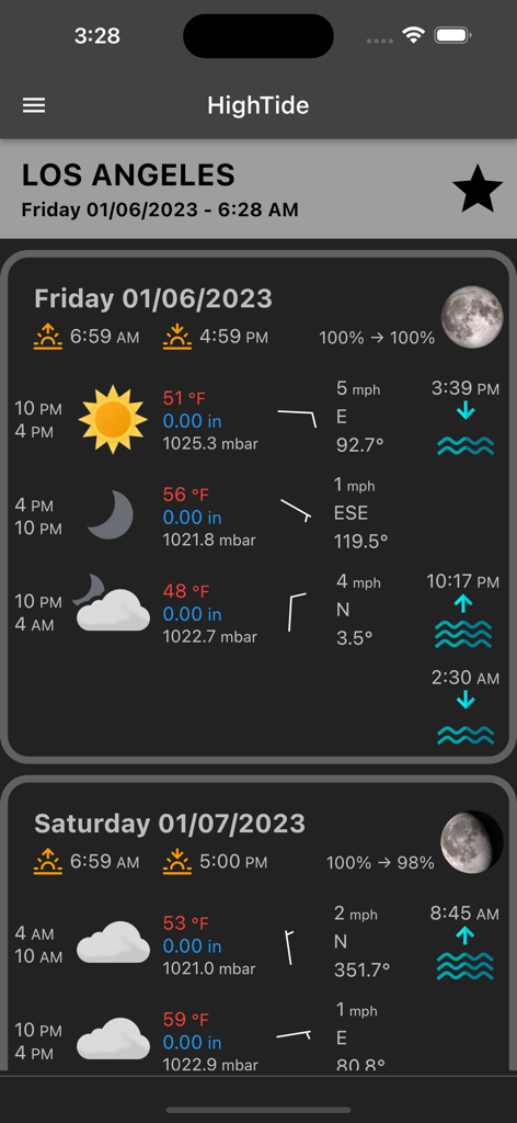 Previsão detalhada de maré e clima para Los Angeles no aplicativo HighTide