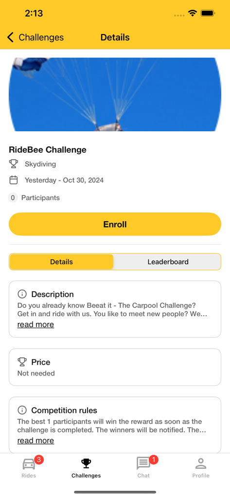 RideBee - RideBee app interface showing details for a carpool challenge including an enrollment button and competition rules