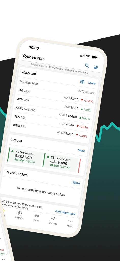 CommSec mobile app home screen showing a user watchlist and market indices