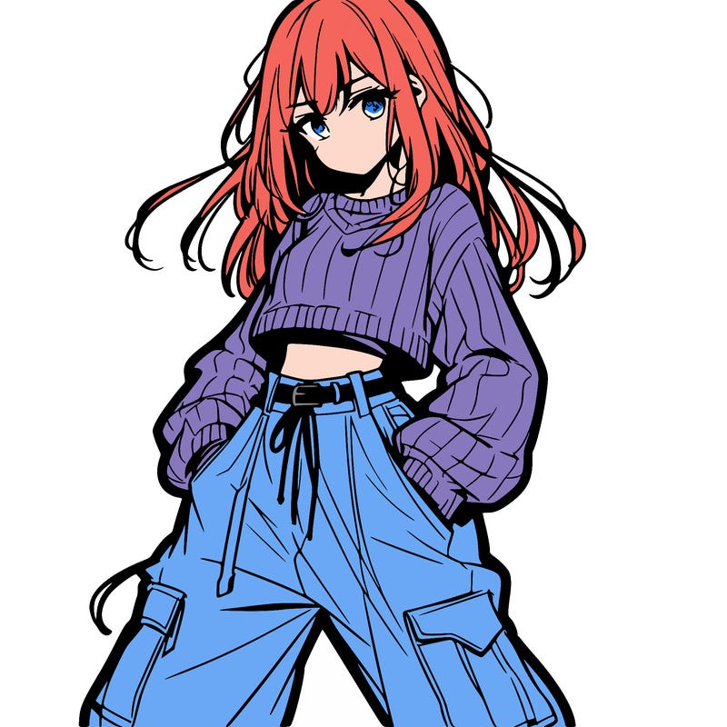 anime teen girl with baggy pants and crop top with sweater