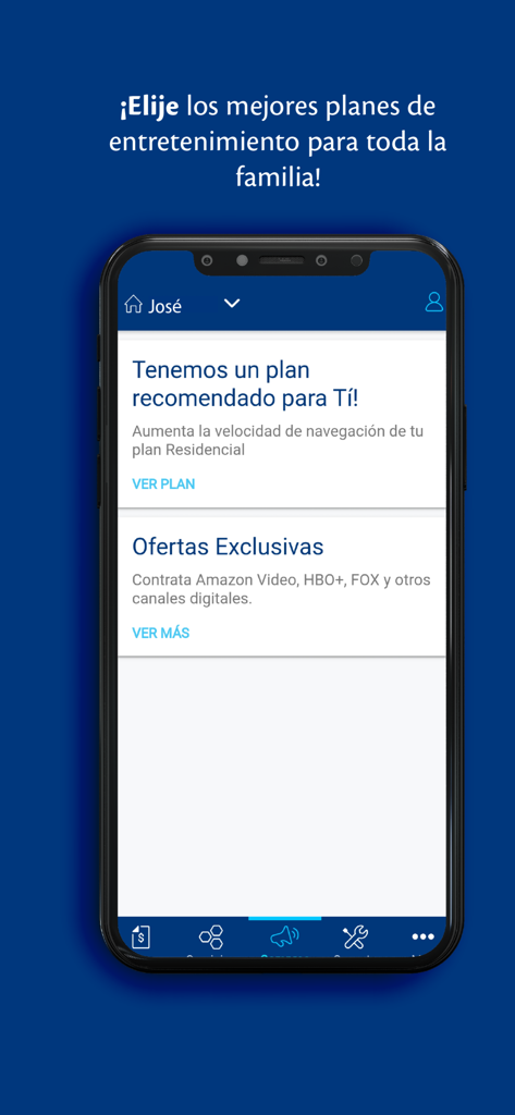 Capture d'écran de l'application Mi Tigo Honduras présentant les forfaits internet résidentiels recommandés et des offres exclusives de streaming de divertissement.