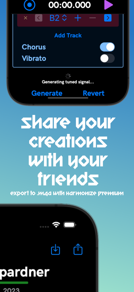 Harmonize Vocal Tuner - Interface de l'application Harmonize Vocal Tuner montrant les options pour partager les créations et exporter l'audio au format m4a