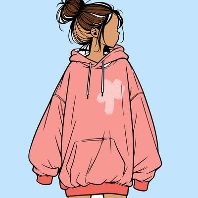 realistic girl with a oversized sweatshirt on and a bun