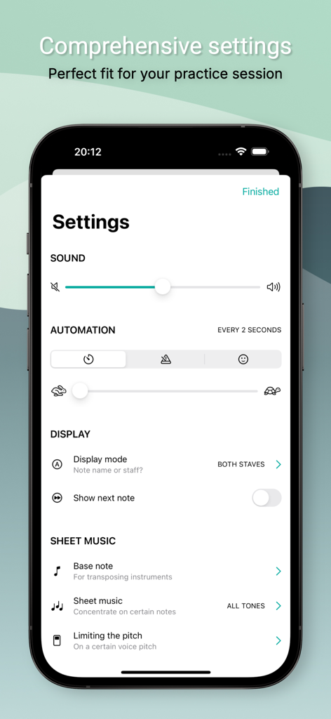 Random music notes generator - Comprehensive settings screen of the random music notes generator app showing options for sound automation and sheet music display