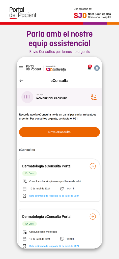Portal Pacient SJD - Electronic consultation screen in the SJD Patient Portal app for managing non urgent medical inquiries