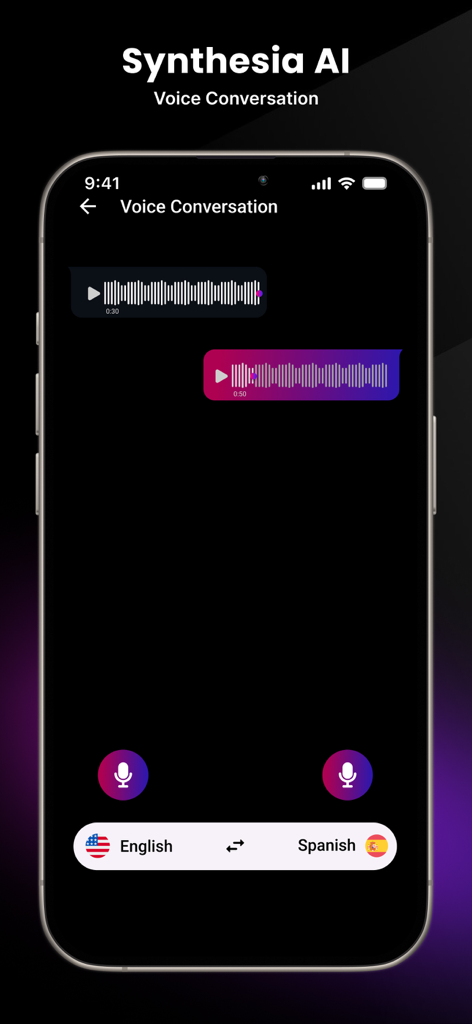 Synthesia AI - Synthesia AIアプリのインターフェース。英語とスペイン語間の音声会話と翻訳機能を示しています。