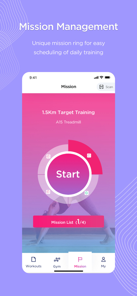 AnyFit - AnyFit App-Bildschirm zur Missionsverwaltung, der einen einzigartigen Trainingsring und ein Laufbandziel von 1,5 km anzeigt