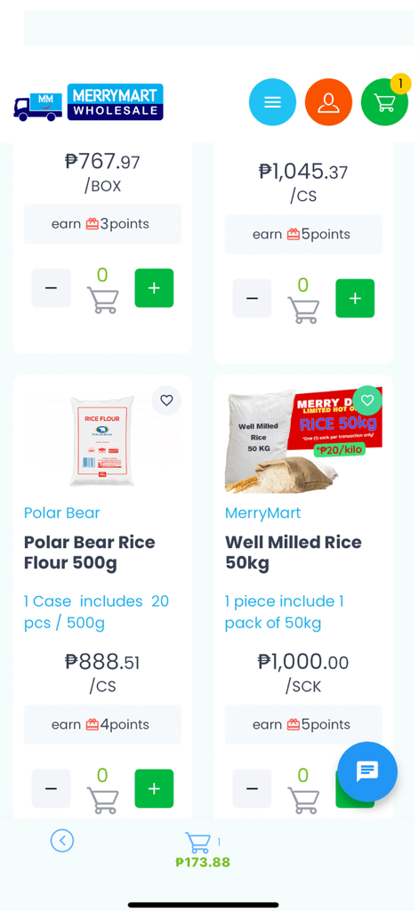 MM Wholesale - MM Wholesale app screen showing bulk grocery listings for rice and flour with loyalty point rewards