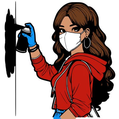 realistic girl with mask spray painting a wall
