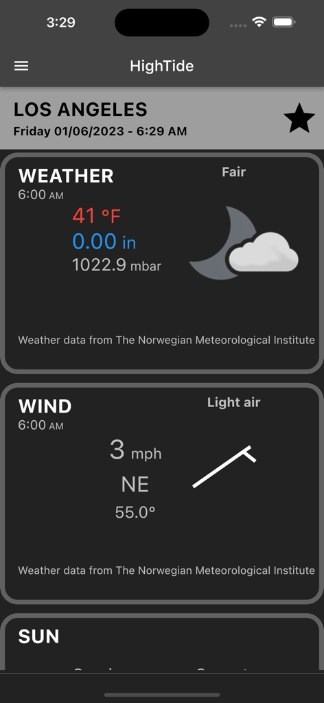 Painel do aplicativo HighTide exibindo condições climáticas e de vento para Los Angeles