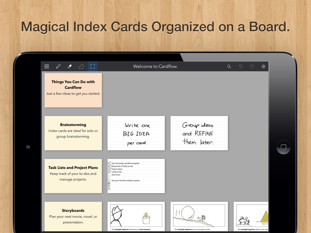 iPad画面に、ブレインストーミングとプロジェクト計画のためにボード上に整理されたデジタルインデックスカードが表示されている。