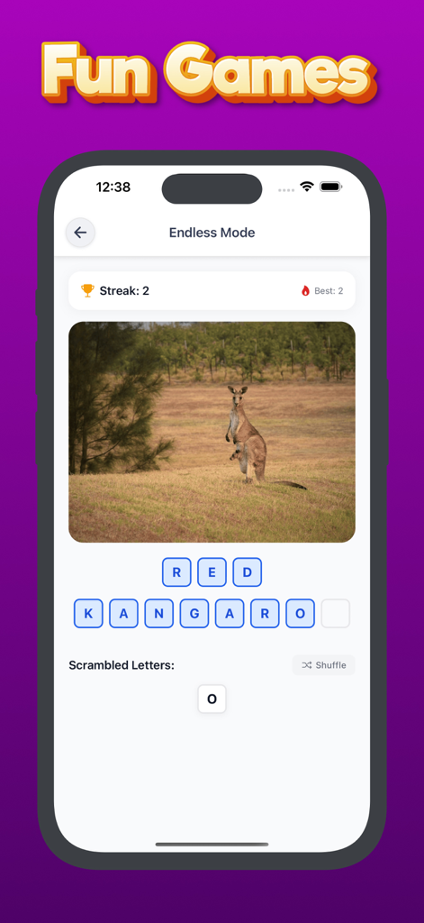 Animal Sounds & Bird Noises - A word scramble game screen featuring a photo of a red kangaroo and letter tiles to spell its name