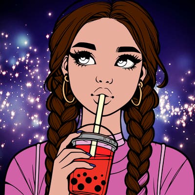 realistic girl with braided hair drinking boba
