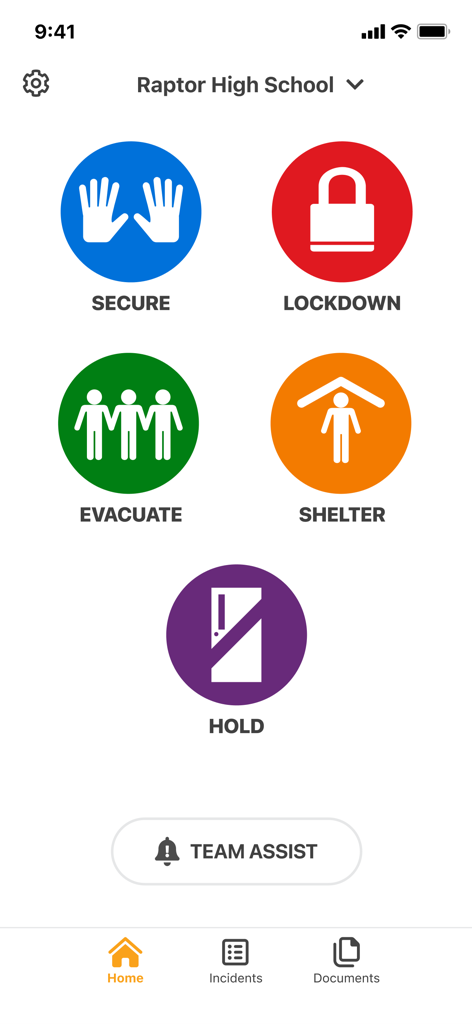 Home screen of the Raptor Alert app displaying large color-coded icons for school emergency protocols including Secure, Lockdown, Evacuate, Shelter, and Hold.