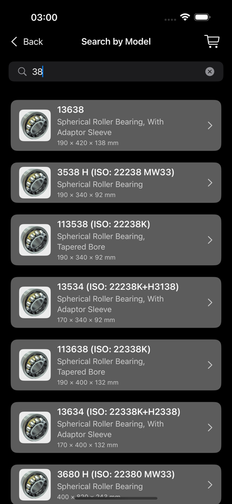 Bearing - Search results in the Bearing Catalog app showing various spherical roller bearings with their model numbers and technical dimensions.